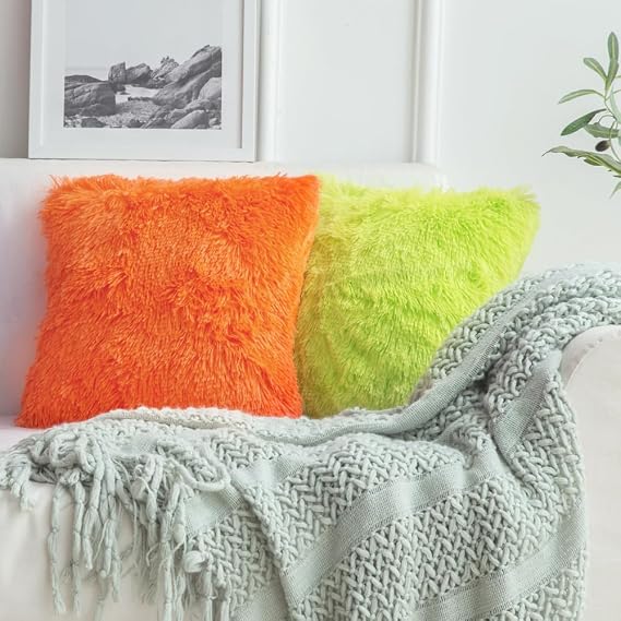 Bright Orange Faux Fur Cushion Covers 45x45cm Set of 2