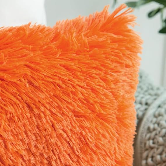 Bright Orange Faux Fur Cushion Covers 45x45cm Set of 2