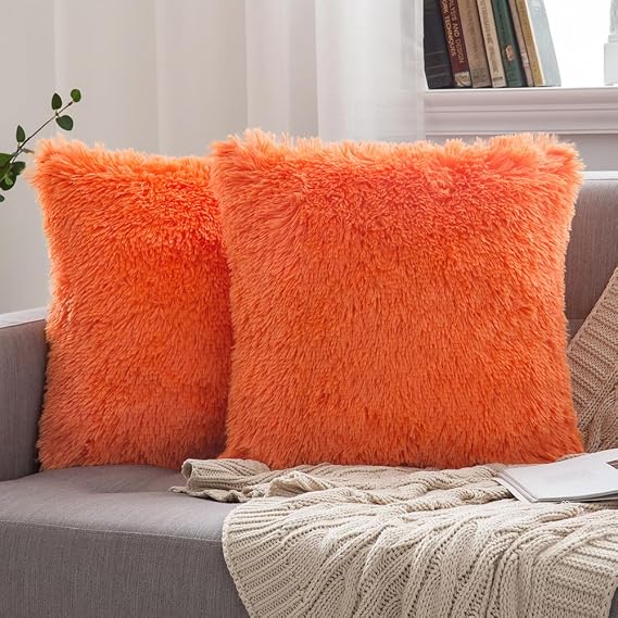 Bright Orange Faux Fur Cushion Covers 45x45cm Set of 2