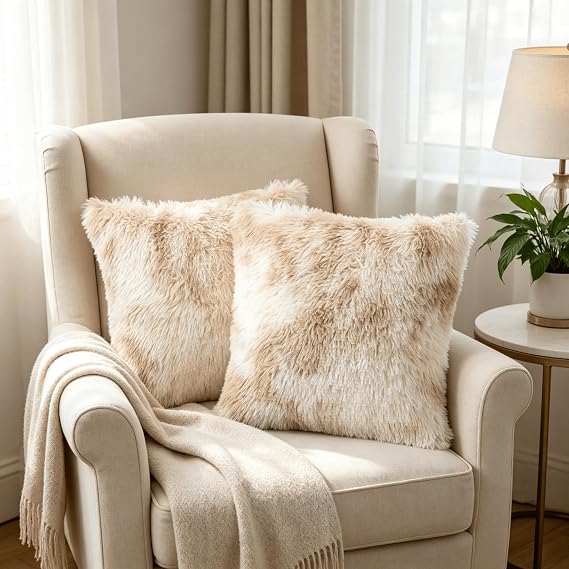 Beige Faux Fur Cushion Covers 45x45cm – Set of 2