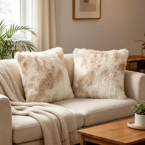Beige Faux Fur Cushion Covers 45x45cm – Set of 2