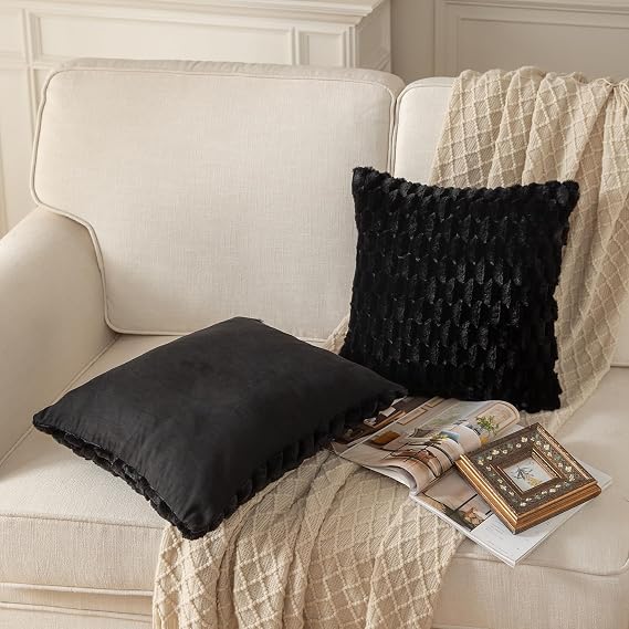 Black Faux Fur Cushion Covers 45x45cm – Set of 2