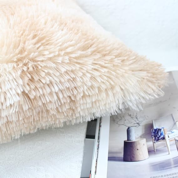 Beige Faux Fur Cushion Covers 45x45cm – Set of 2
