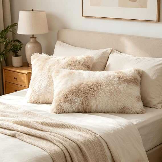 Beige Faux Fur Cushion Covers 45x45cm – Set of 2