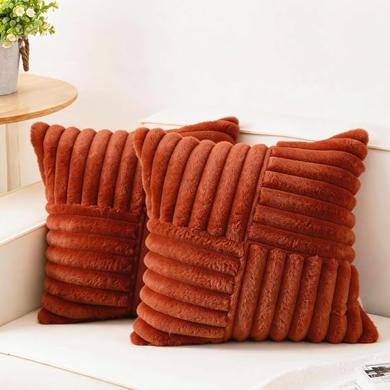 Burnt Orange Faux Fur Cushion Covers 45x45cm Set of 2