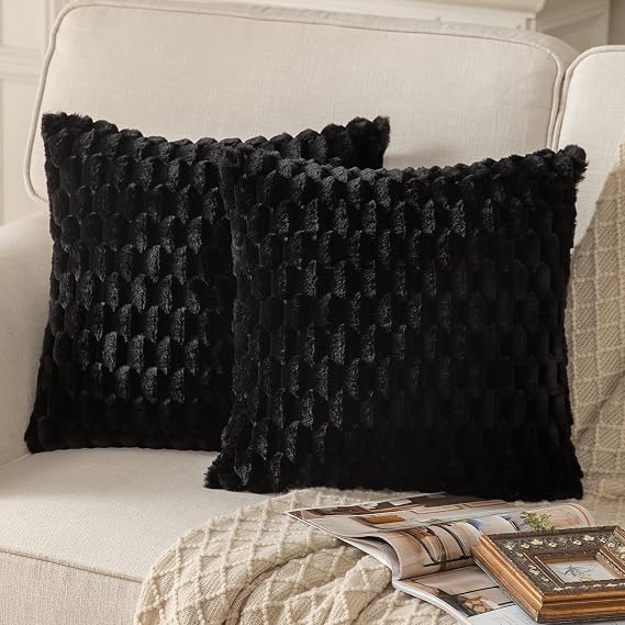 Black Faux Fur Cushion Covers 45x45cm – Set of 2