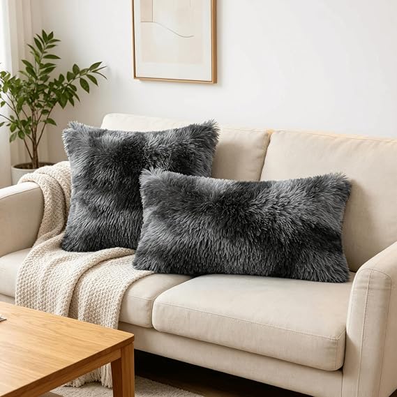 Dark Grey Faux Fur Cushion Covers 50x50cm Set of 2