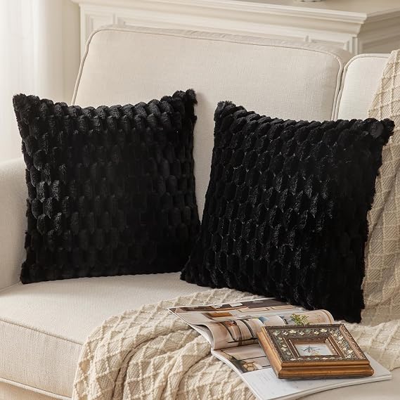Black Faux Fur Cushion Covers 45x45cm – Set of 2