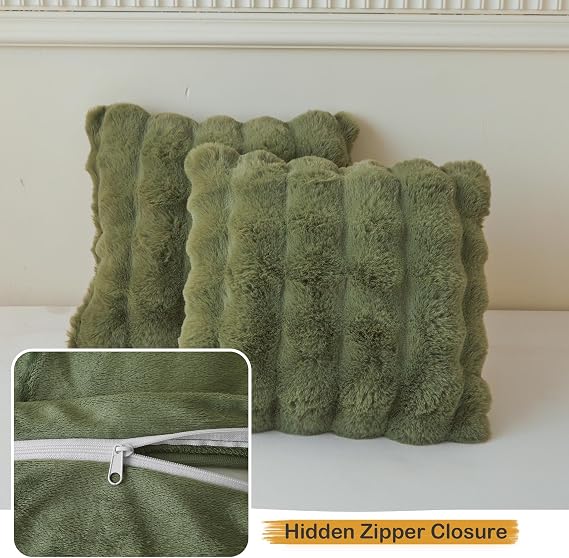 Sage Green Faux Fur Cushion Covers 45x45cm Set of 2