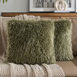 Olive Green Faux Fur Cushion Covers 45x45cm Set of 2
