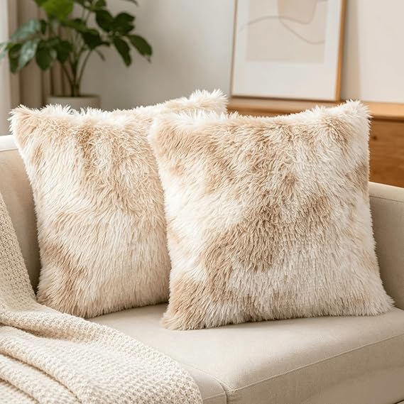 Beige Faux Fur Cushion Covers 45x45cm – Set of 2
