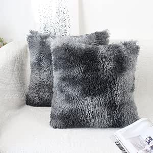 Dark Grey Faux Fur Cushion Covers 50x50cm Set of 2