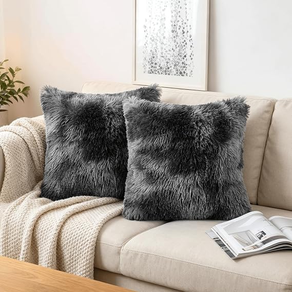 Dark Grey Faux Fur Cushion Covers 50x50cm Set of 2
