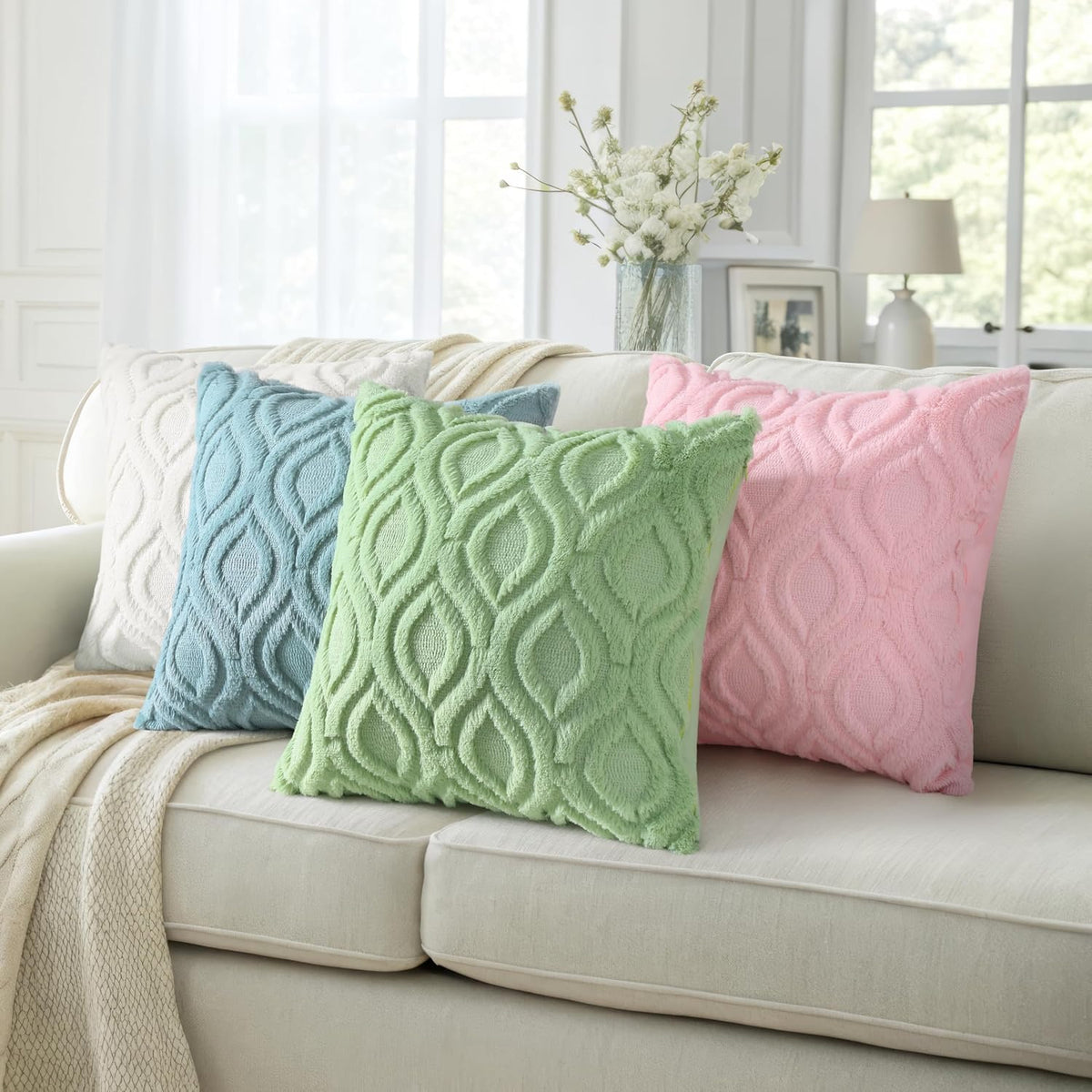 Sage Green Faux Fur Cushion Covers 45x45cm Set of 2