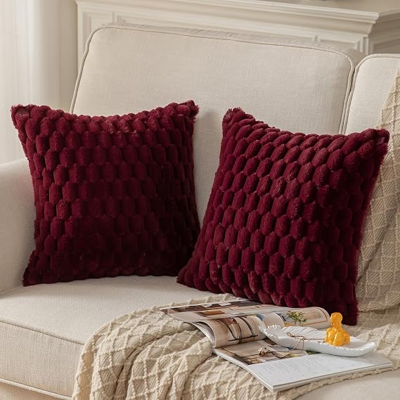Burgundy Faux Fur Cushion Covers 40x40cm – Set of 2