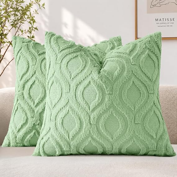 Sage Green Faux Fur Cushion Covers 45x45cm Set of 2