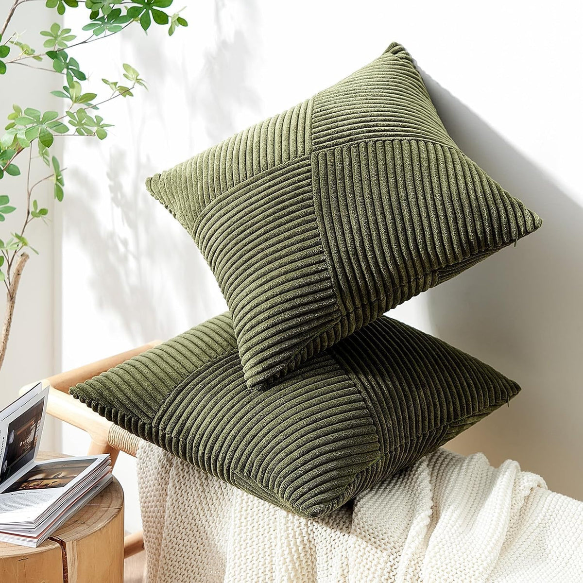 Olive Green Corduroy Cushion Covers 40x40cm Set of 2