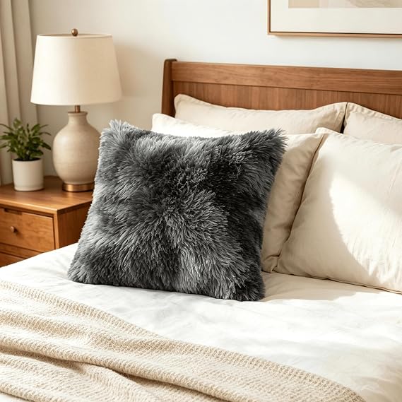 Dark Grey Faux Fur Cushion Covers 50x50cm Set of 2