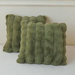 Sage Green Faux Fur Cushion Covers 45x45cm Set of 2