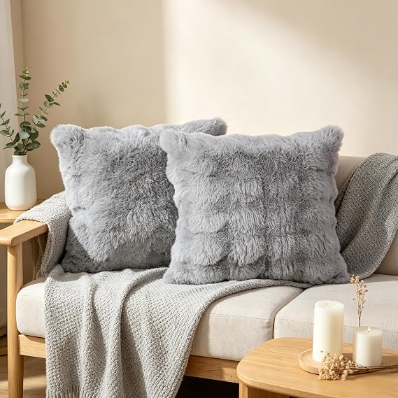 Grey Faux Fur Cushion Covers 45x45cm – Pack of 2
