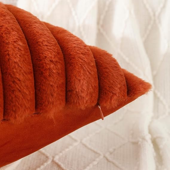 Burnt Orange Faux Fur Cushion Covers 45x45cm Set of 2