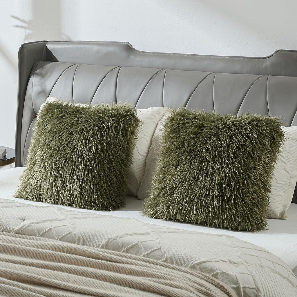 Olive Green Faux Fur Cushion Covers 45x45cm Set of 2