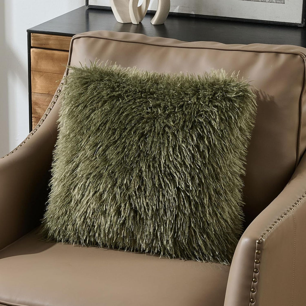 Olive Green Faux Fur Cushion Covers 45x45cm Set of 2