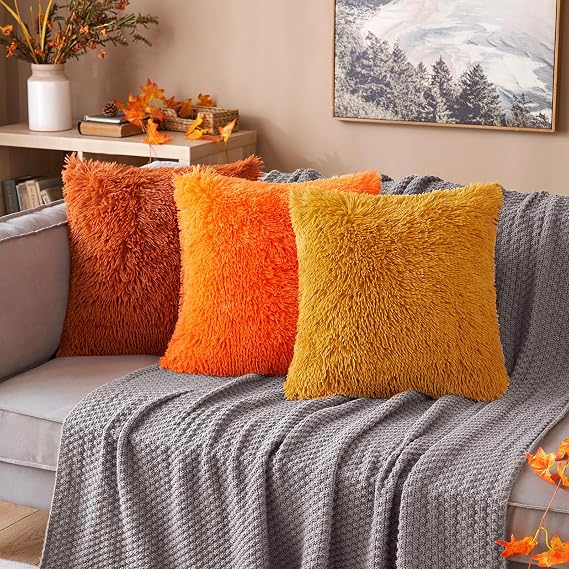Bright Orange Faux Fur Cushion Covers 45x45cm Set of 2